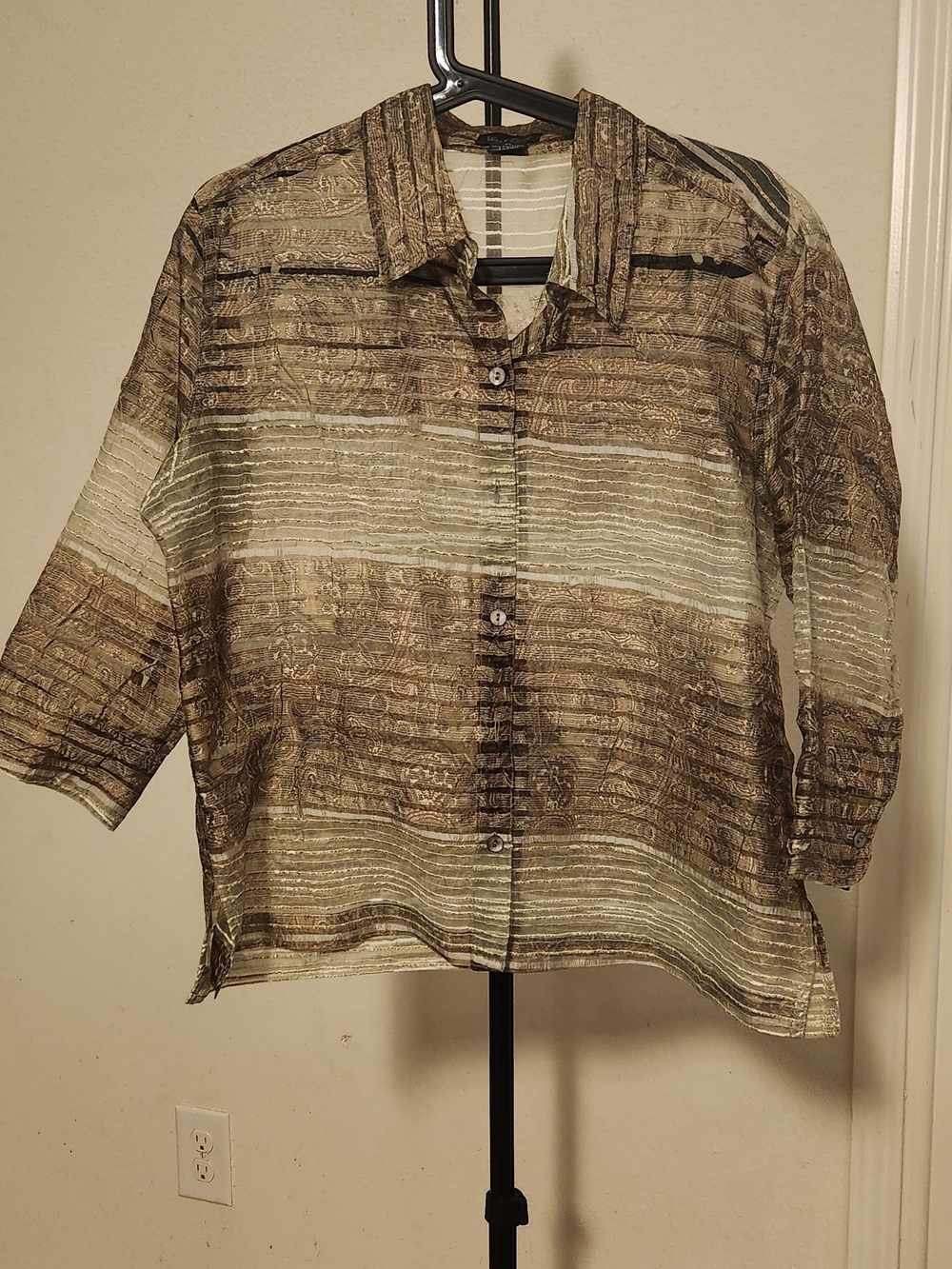 West End Petite PL Sheer Brown Neutral Stripe Button Front Blouse 3/4 Sleeve